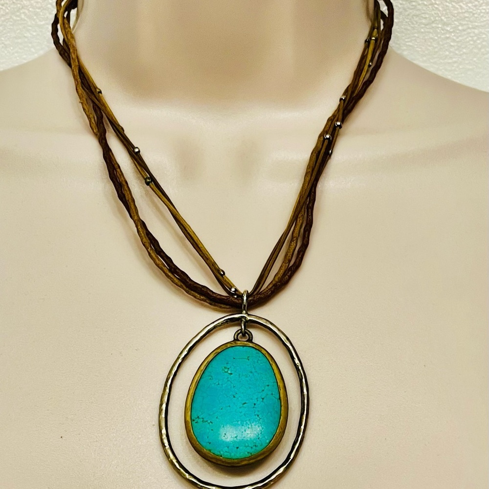 Silpada Howlite Turquoise Pendant Necklace with Brown Cord .925 Silver frame. - Picture 6 of 9